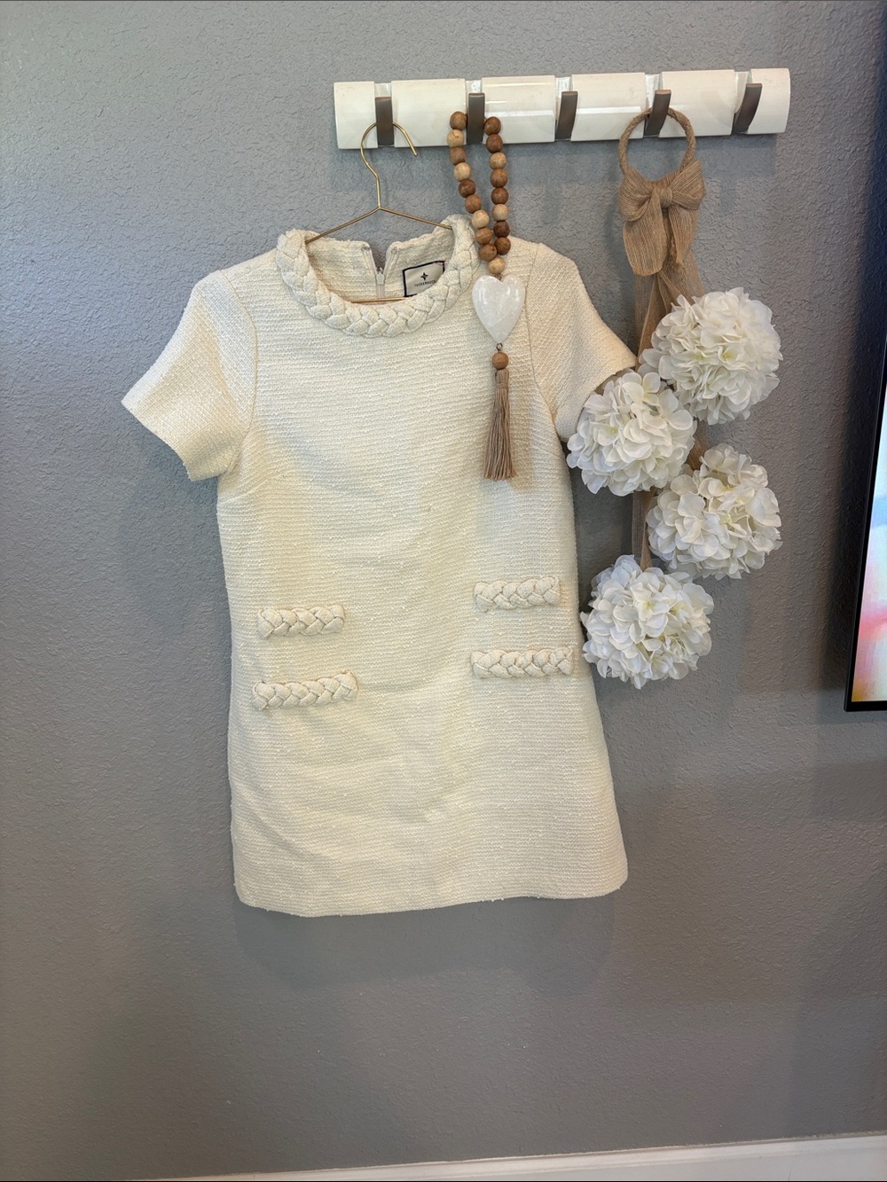 Tuckernuck Cream Braided-Trim Short Sleeve Dress